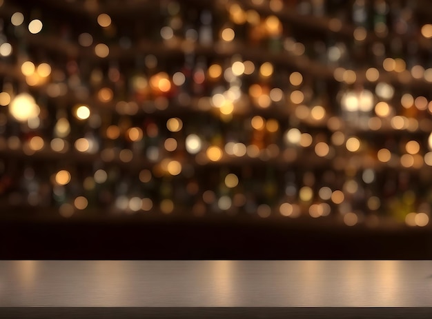 Empty wooden bar table with blurred background beautiful shelves in bokeh style with bottles