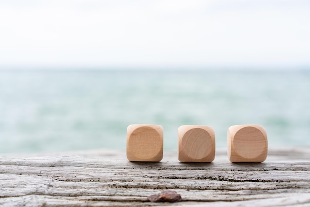 Empty wooden block for adding word or sign with sea background