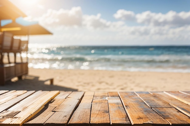 An empty wooden board against a defocused sunny beach