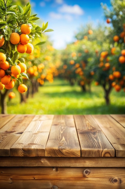 Photo empty wooden board or table top and blurred orange orchard place your product display