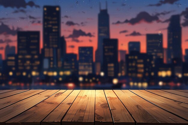 An empty wooden board with a blurred city skyline at dusk