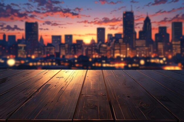 An empty wooden board with a blurred city skyline at dusk