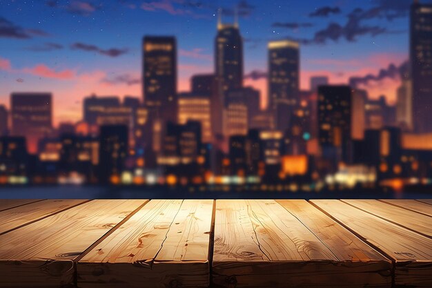 An empty wooden board with a blurred city skyline at dusk