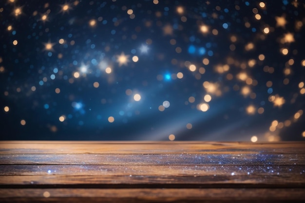 An empty wooden board with a defocused starry sky