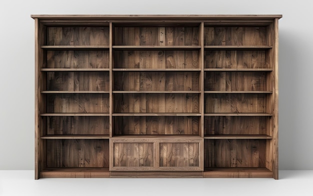 Photo empty wooden bookcase with open shelves and closed cabinet doors