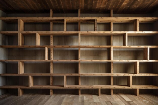 Empty wooden bookshelves in modern interior