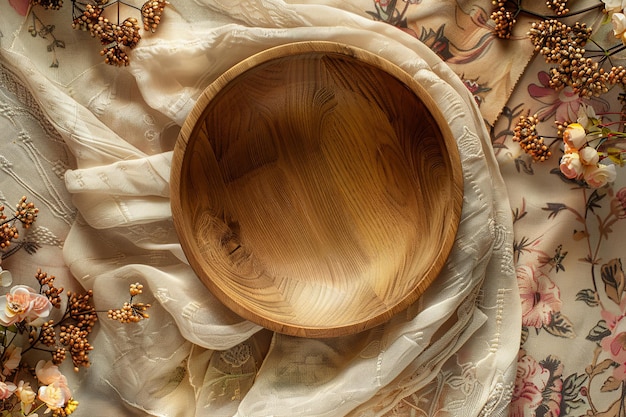 Photo empty wooden bowl with a blanket on the floor surrounded by flower style vintage