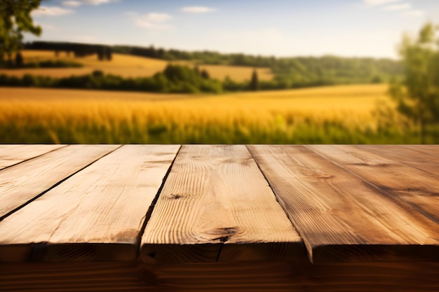 The empty wooden brown table top with blur background of farm and barn Exuberant image