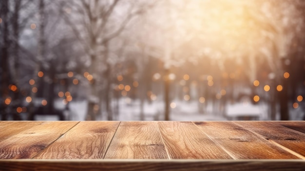 The empty wooden brown table top with blur background of home room in winter Exuberant