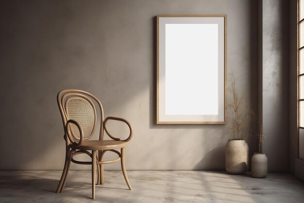 Empty wooden chair in a room with a picture frame on the wall