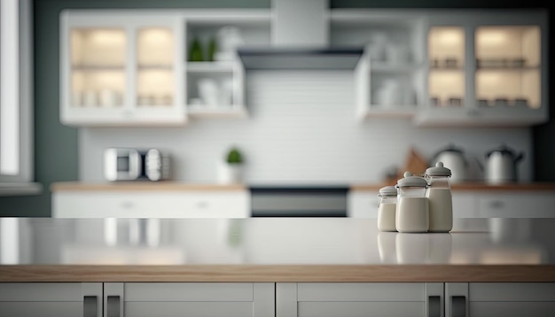 Empty wooden counter top with blurred kitchen background with copy space Generative AI