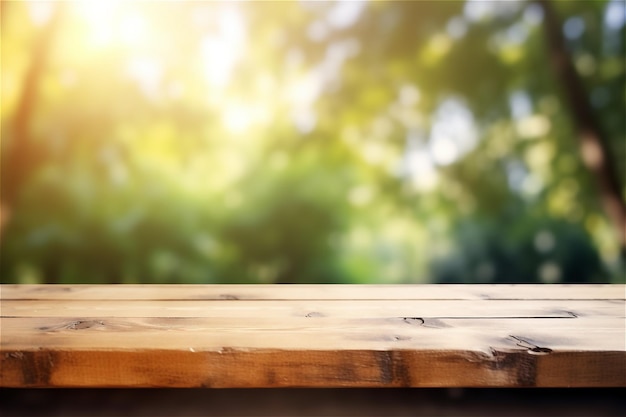 Empty wooden deck table with nature trees bokeh background Ready for product display montage