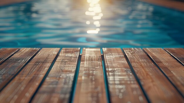 Empty wooden deck with swimming pool Generative AI