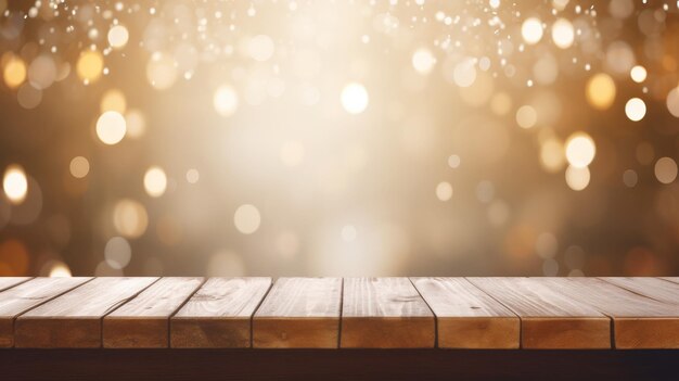 Empty wooden desk and blurred bokeh background