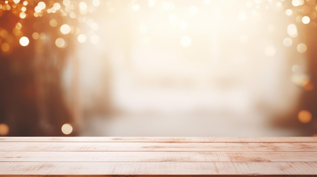 Empty wooden desk and blurred bokeh background