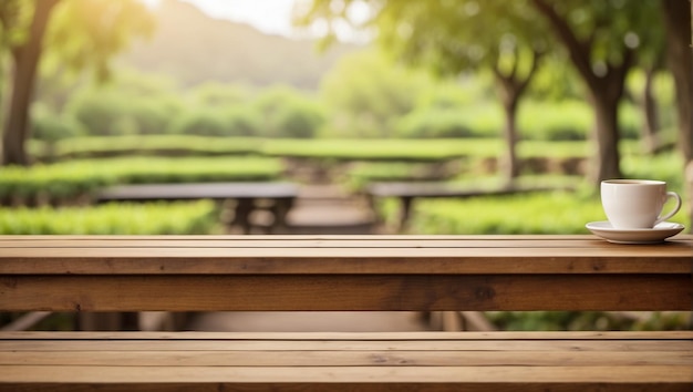 empty wooden desk with blurred background of tea gardens