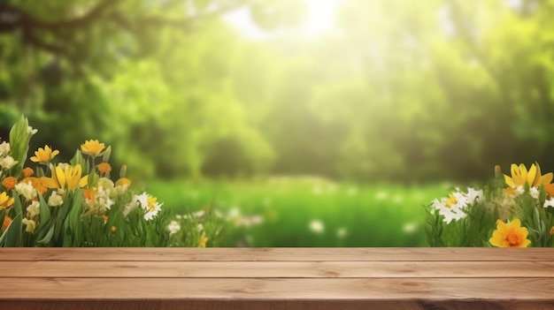 Empty wooden floor flower background beautiful and bright green blurred background