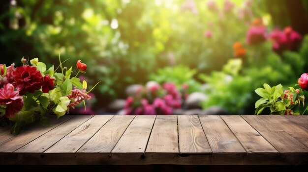 Empty wooden floor flower background beautiful and bright green blurred background