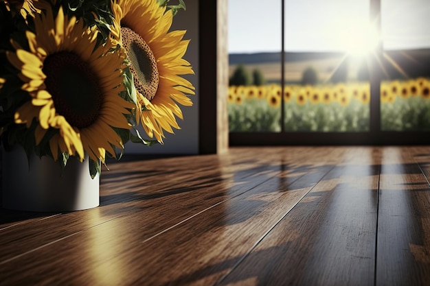 Empty wooden floor table top with sunflower fields on the backgrounds