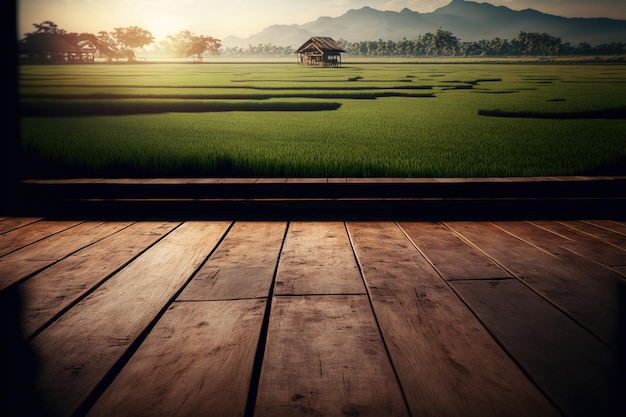 Empty wooden floor with tropical green rice fields background