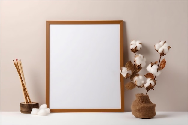 Empty wooden frame mockup and cotton flower on beige background interior with natural light