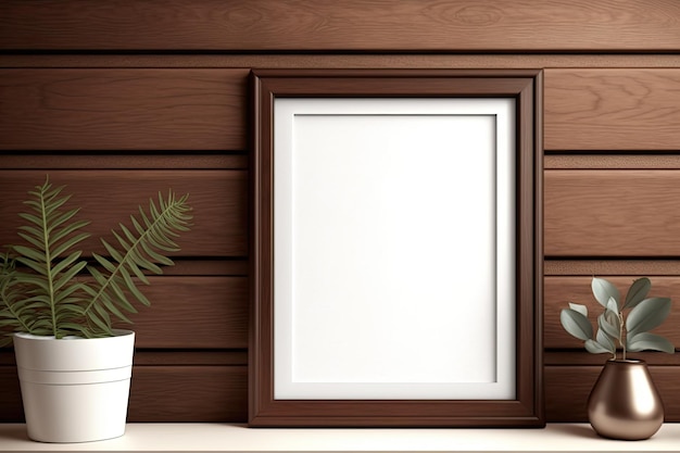 Empty wooden frame mockup on mahogany boards Mahogany wall paneling Website background