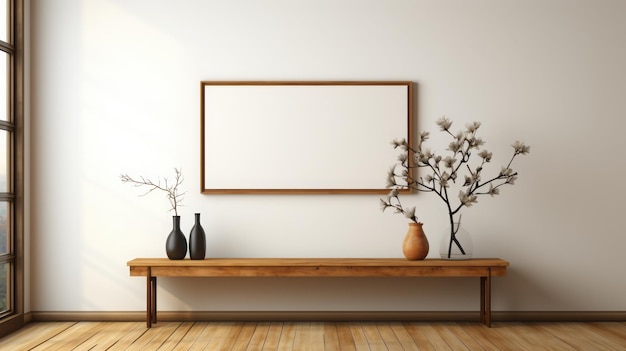 Empty wooden frame on the white wall in the style of sketchfab