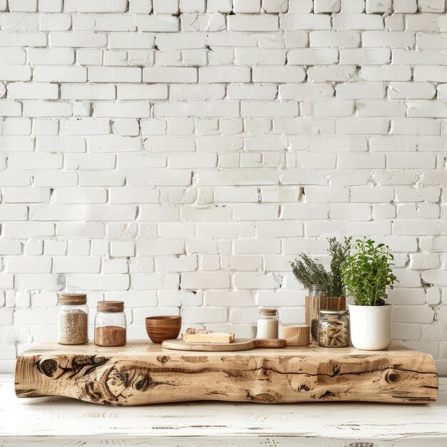 Empty Wooden Log on a Kitchen Table with Food Jars and Plants Kitchen Mockup