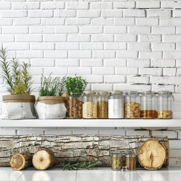 Empty Wooden Log on a Kitchen Table with Food Jars and Plants Kitchen Mockup