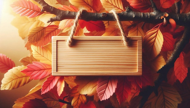 Photo empty wooden nameplate hanging on autumn leaves