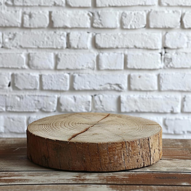 Empty wooden pedestal on kitchen table before white brick wall