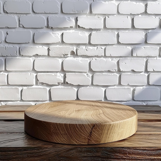 Empty wooden pedestal on kitchen table before white brick wall