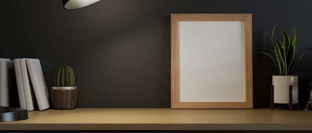 Empty wooden photo frame in minimal tabletop with space for product display 3d rendering