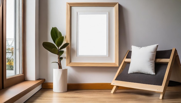 Photo empty wooden picture frame the concept of a modern interior