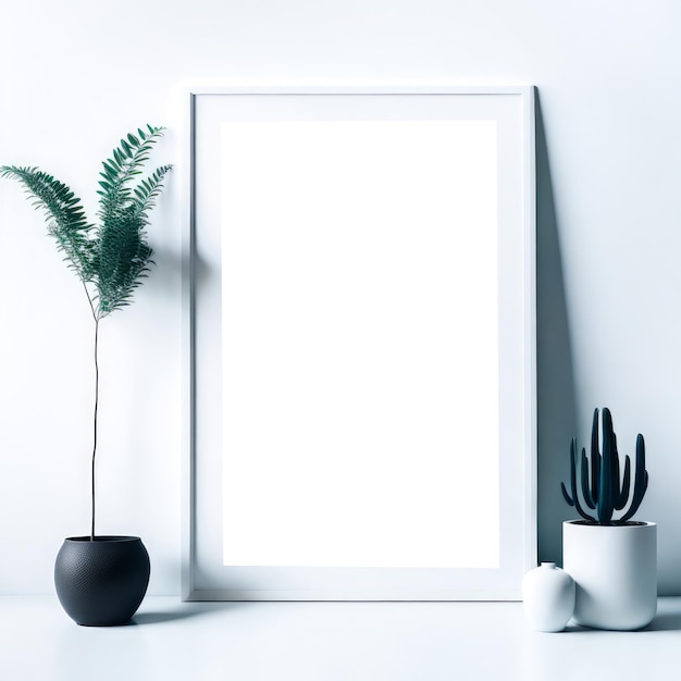 Empty wooden picture frame mockup Golden vase with plant on white table White wall background Elegant working space Scandinavian interior design Home office concept Generative Ai