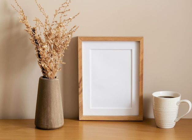 Empty wooden picture frame mockup hanging on beige wall background AI Generated