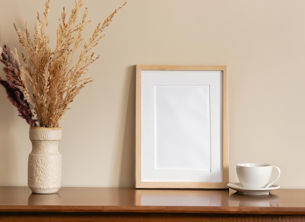 Empty wooden picture frame mockup hanging on beige wall background AI Generated