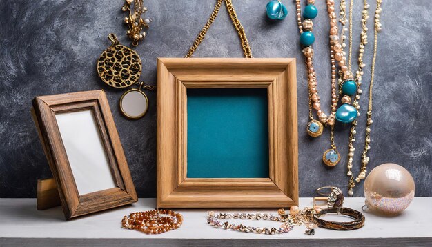 Empty wooden picture frame and modern bijouterie lying near it