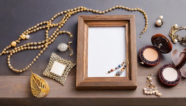 Empty wooden picture frame and modern bijouterie lying near it