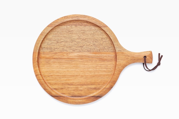 Empty wooden pizza platter set up on isolated on white background Pizza tray on on white background flat lay and copy space