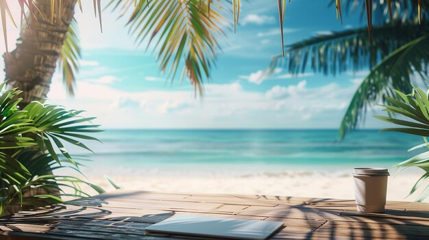 Empty wooden planks against a beach and sea background