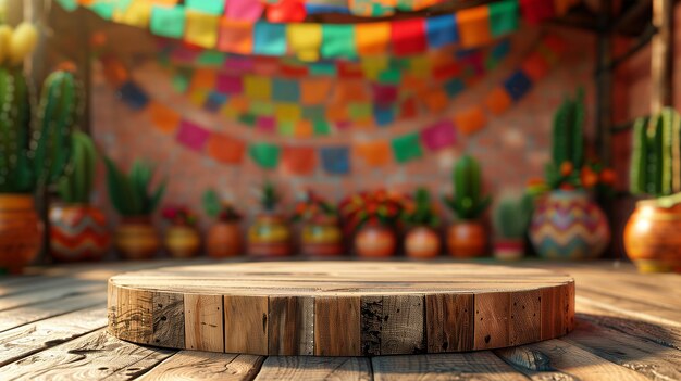 Photo empty wooden podium on colorful mexican cinco de mayo festival theme background