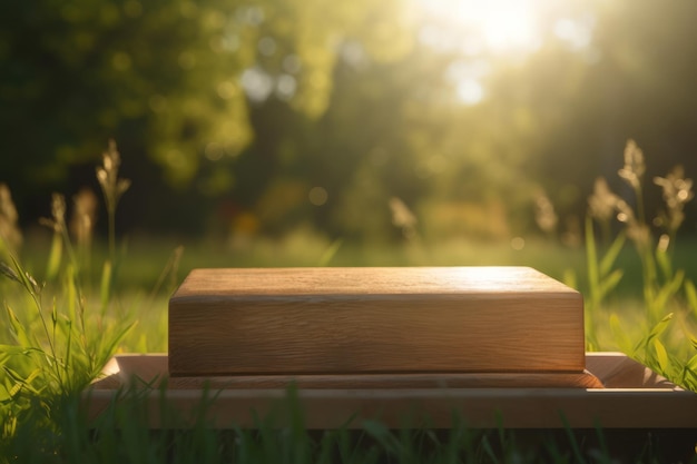 Empty Wooden Podium on Lush Green Field with Shallow Depth of Field in Serene Summer Setting