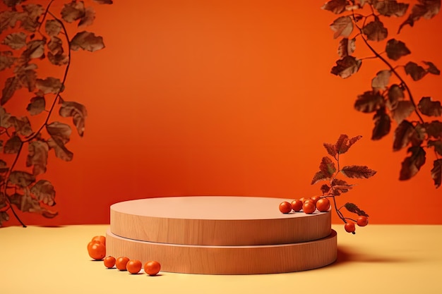 Empty wooden podium on orange background with rowan berries Concept scene beauty cosmetic