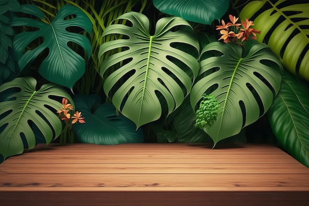 Empty wooden podium for product display on green tropical leaves background Generative AI illustration