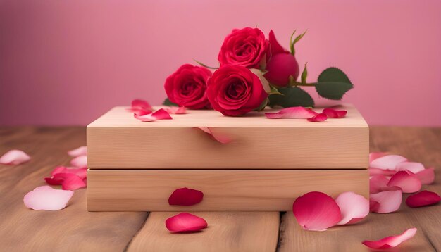 Empty wooden podium with red rose and petals for display background