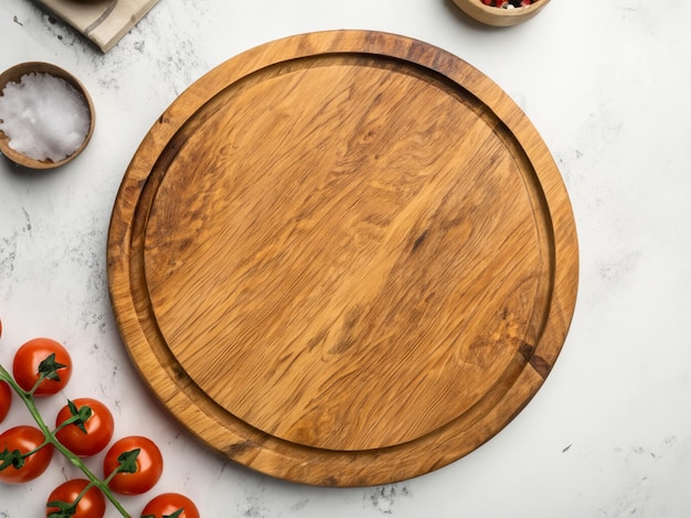 Empty wooden round board on white stone kitchen table top view flat lay Wooden pizza platter cop