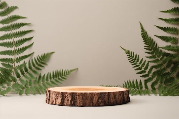 Empty wooden round podium with fern leaves neutral background