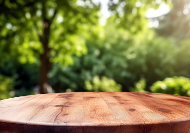 Empty wooden round table for product placement or montage with blurred forest background