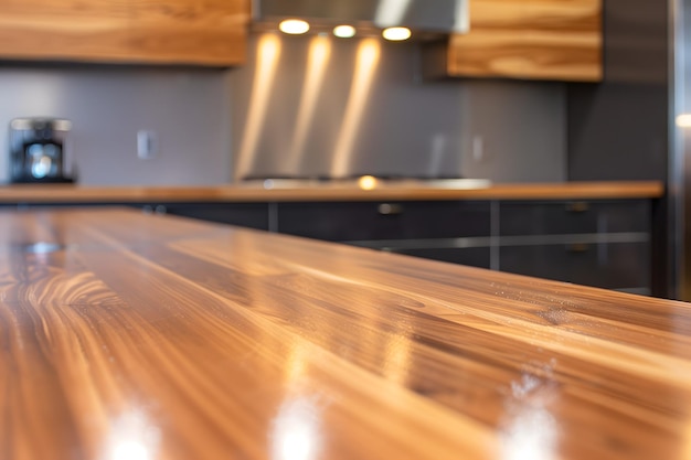 Empty wooden round tabletop in bright kitchen setting for product presentation and mockups